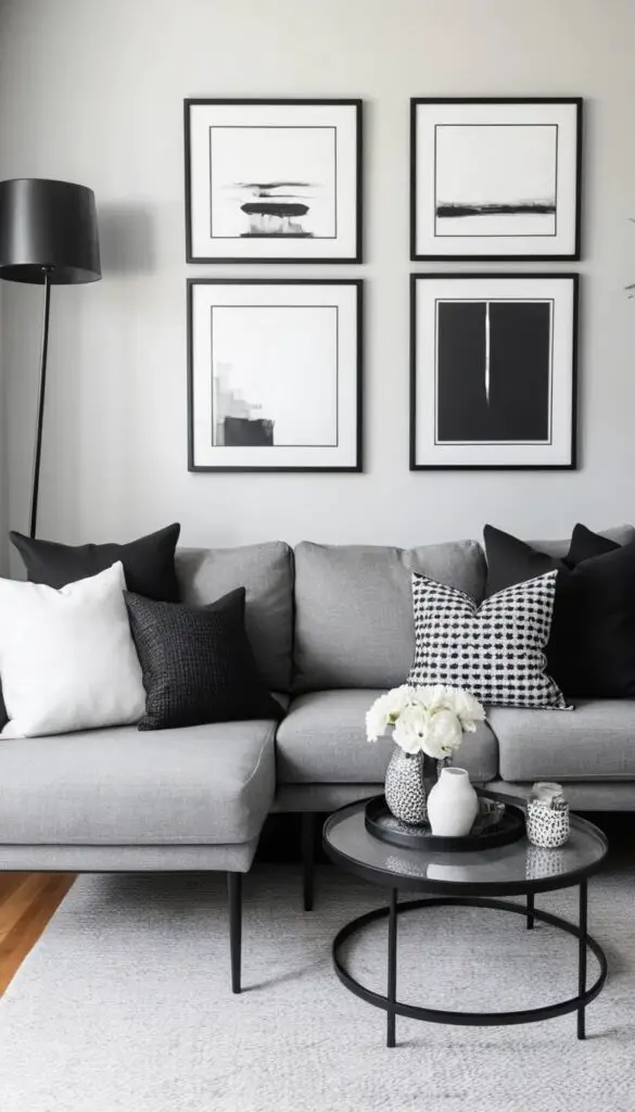 black and white contrast with grey couch