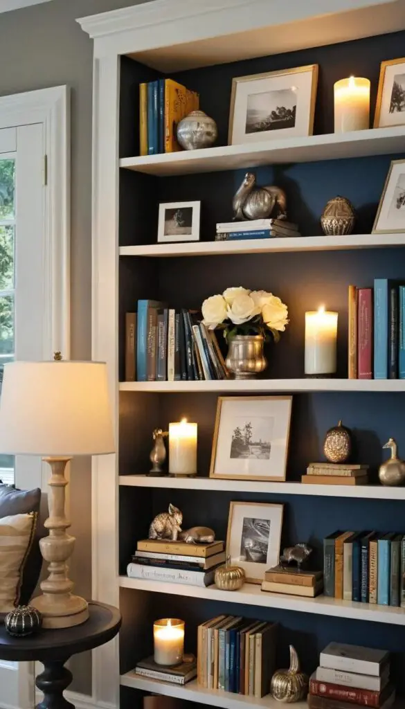 bookshelves with decor