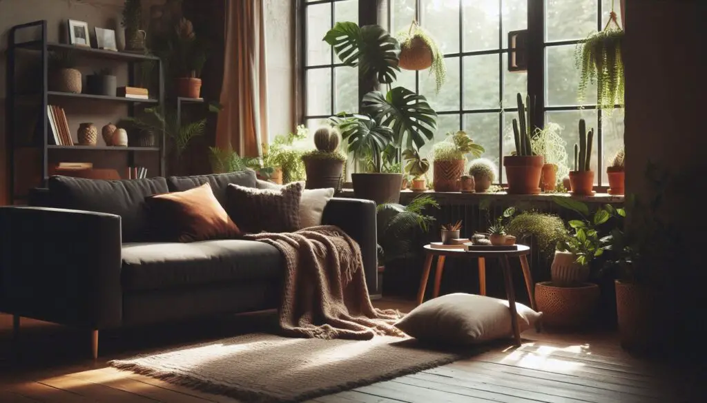 cozy living room with charcoal couch