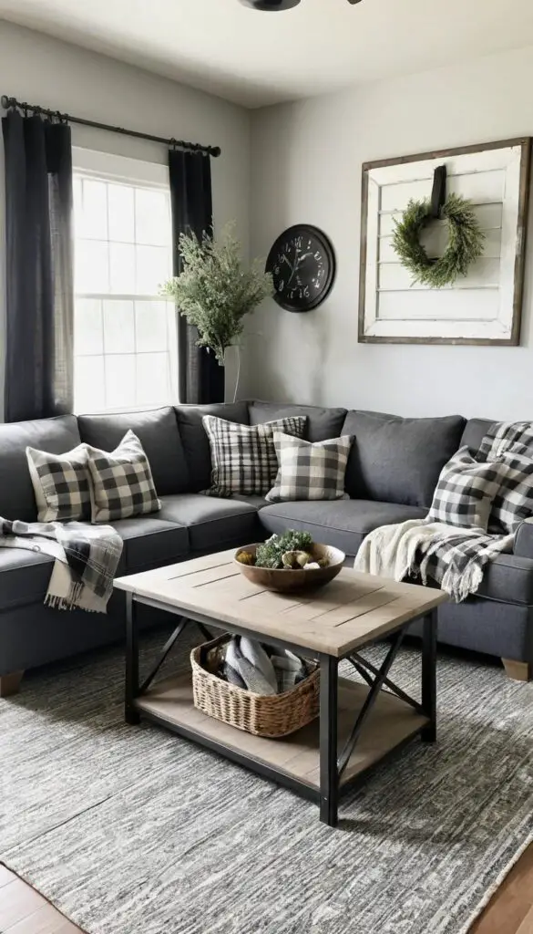 farmhouse vibe with grey couch