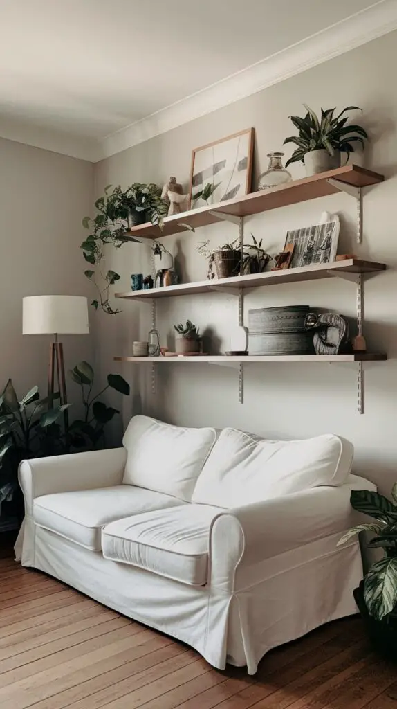 floating shelves in living room