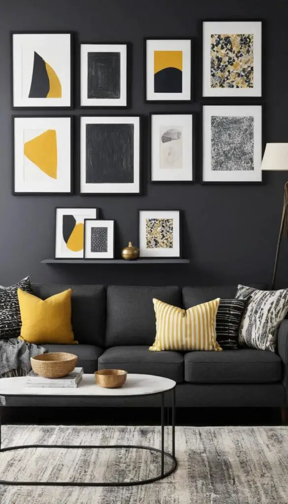 gallery wall above charcoal couch