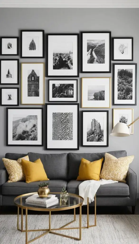 gallery wall above grey sofa