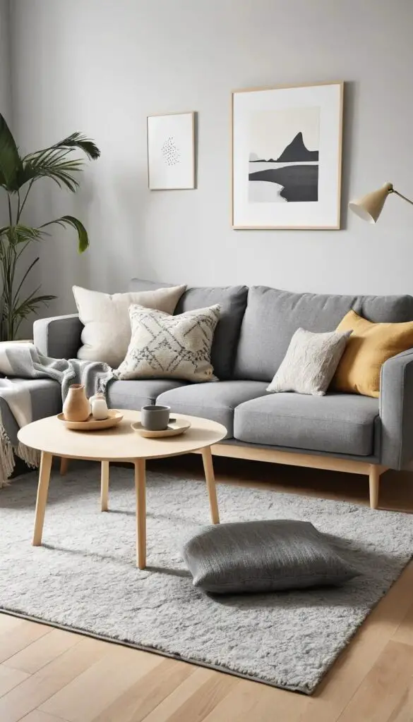 light wood furniture with grey sofa