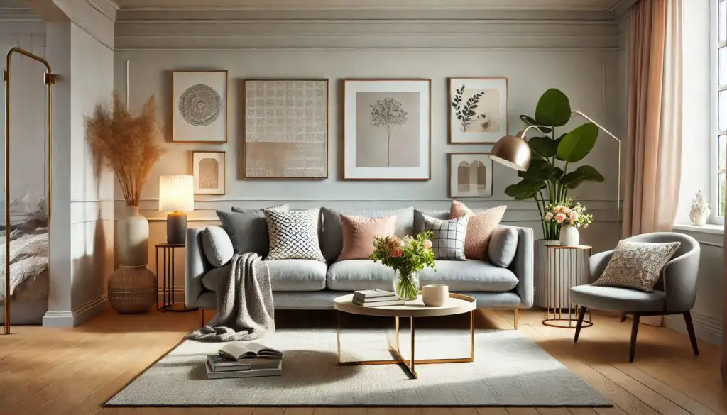 beautiful cozy grey couch in a living room