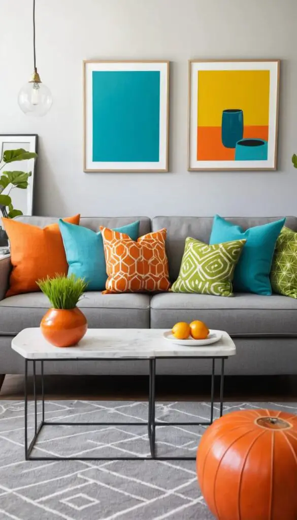 pops of vibrant colors with grey couch