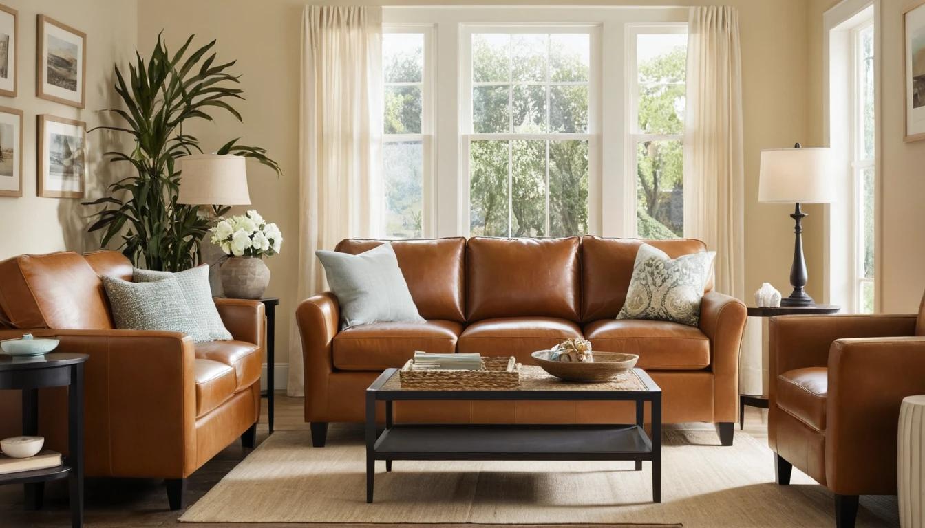 tan leather couch in a living room