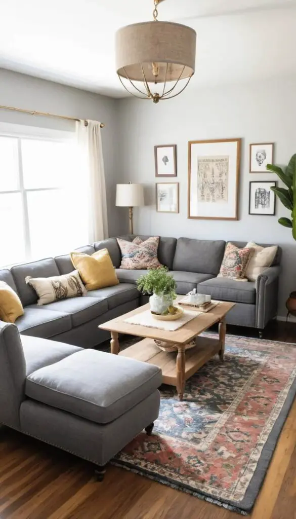 vintage vibe with grey couch