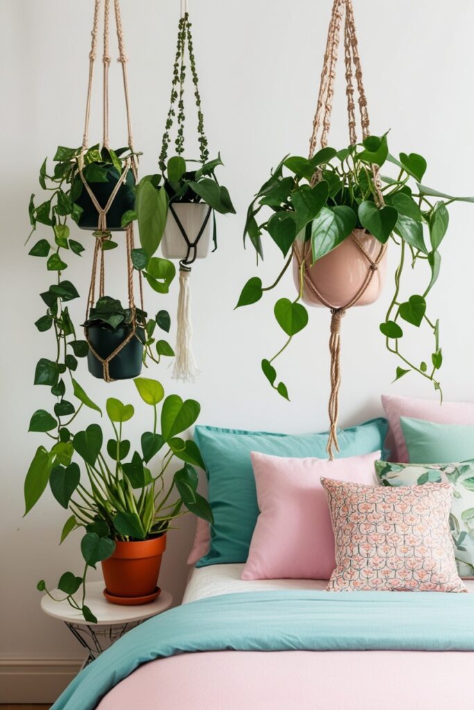 Hanging plants like pothos, ivy, or spider plants