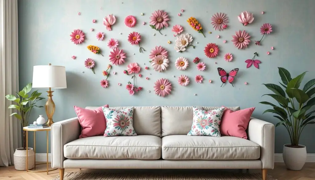 decorated wall behind the couch