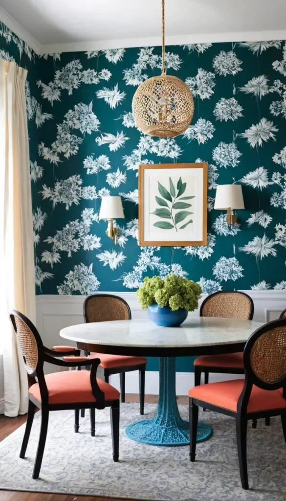 dramatic wallpaper in a small dining room