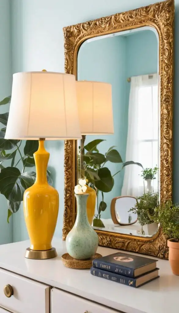 vintage mirrors and quirky table lamps