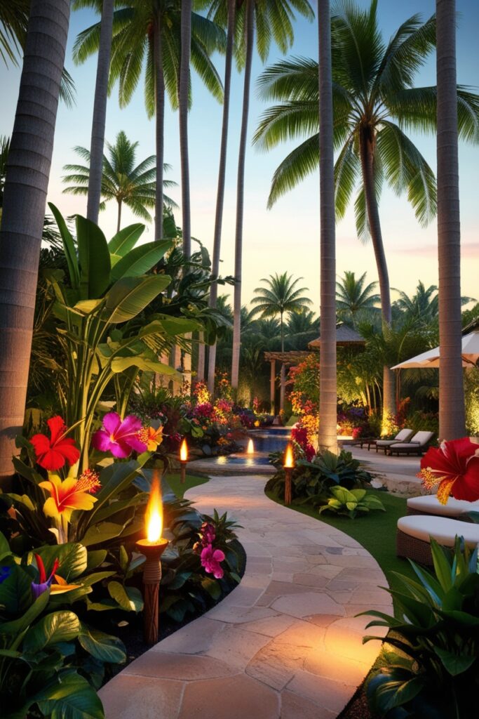 towering palms and vibrant tropical flowers