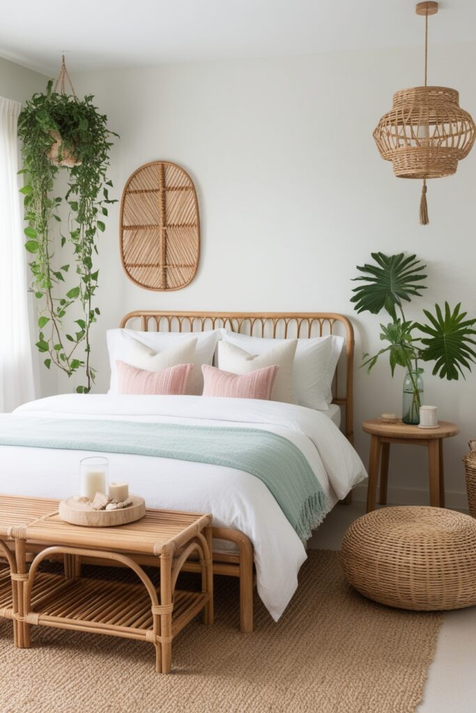 wooden furniture, rattan accents, or live plants