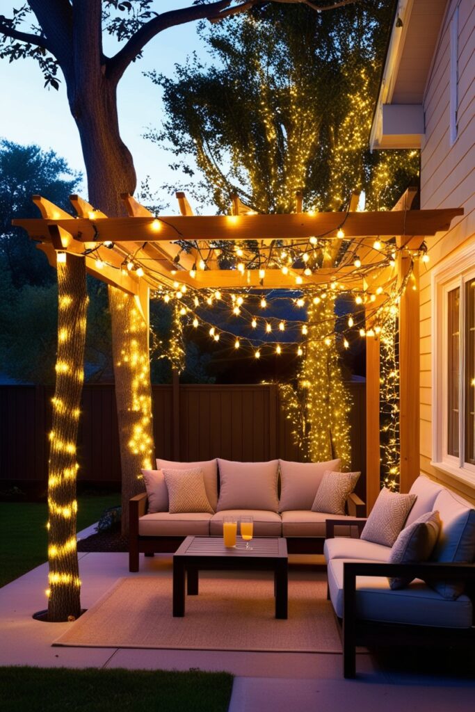 bulb string lights along a fence, trees, or pergola