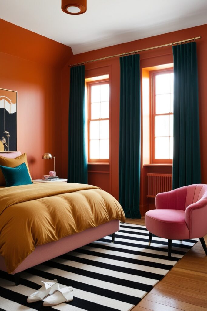burnt-orange accent wall with deep teal curtains and mustard bedding
