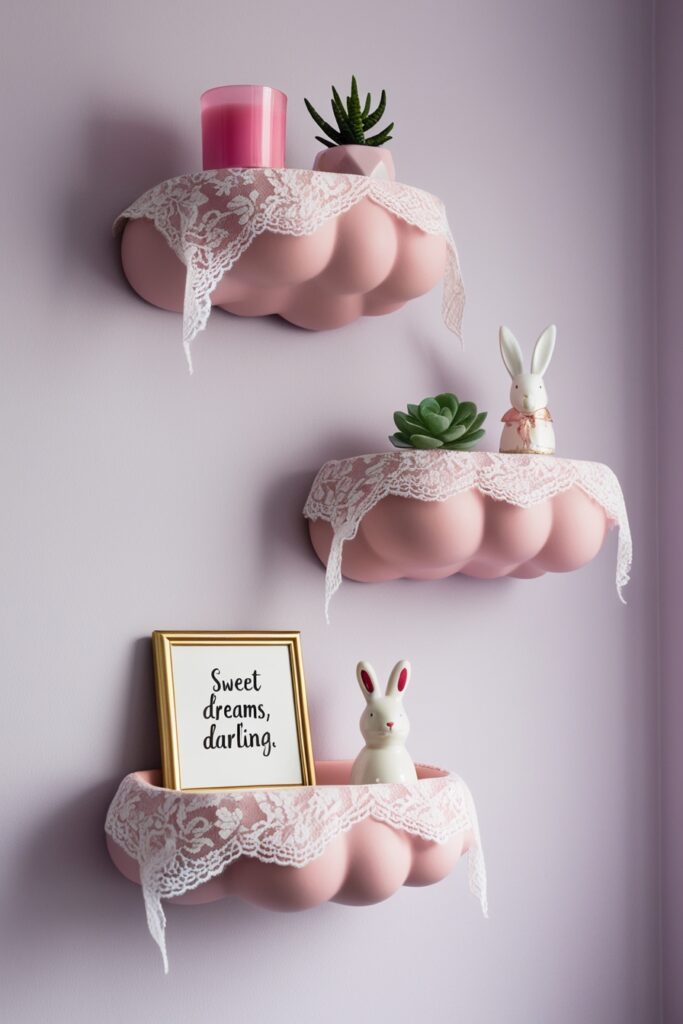 DIY Lace-Trimmed Floating Shelves