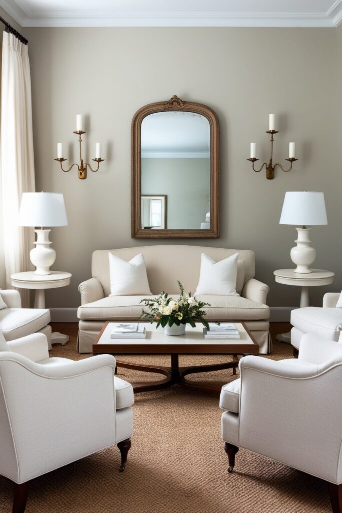 Two matching armchairs flank a classic beige sofa