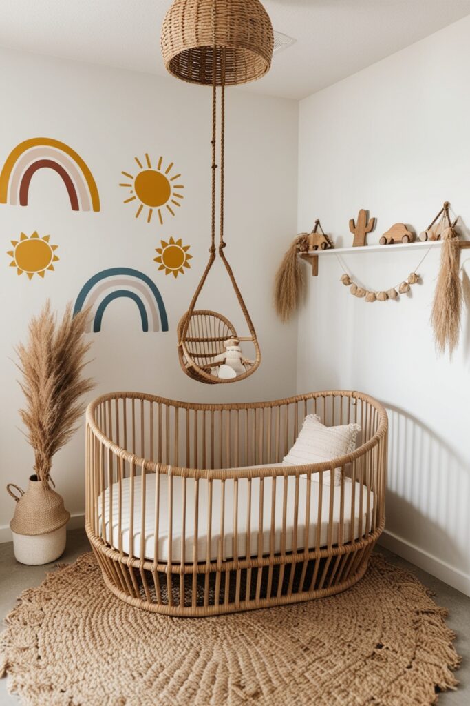 curved rattan crib sits on a textured jute rug