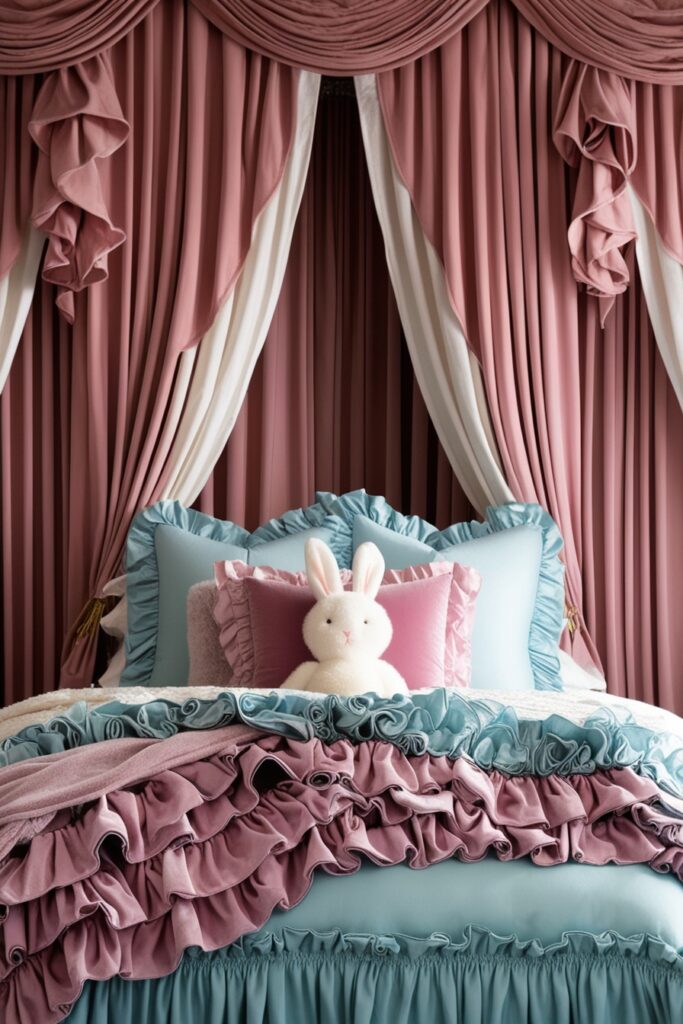ruffled comforter spills over the bed