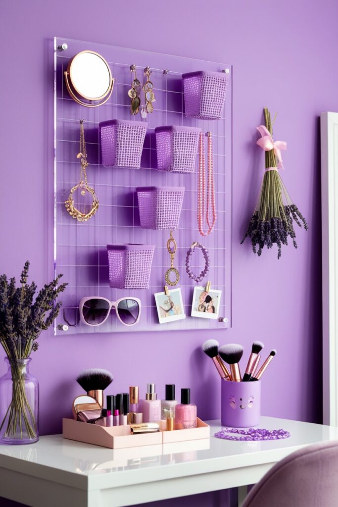 Purple Acrylic Vanity Wall Grid with Beauty Display