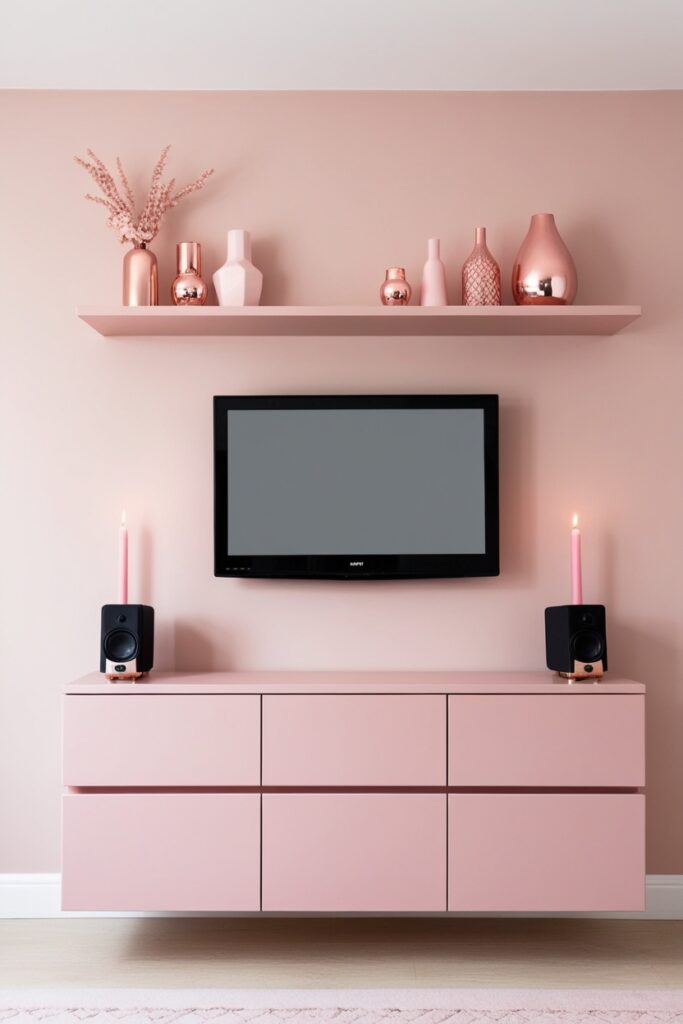 TV Above a Blush Pink Floating Shelf