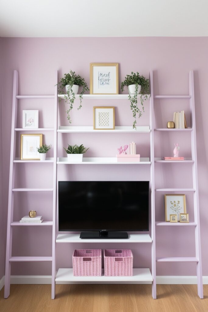TV on a Pastel-Colored Ladder Shelf