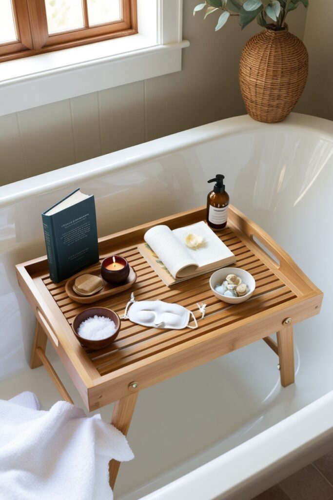 bathtub tray with spa essentials
