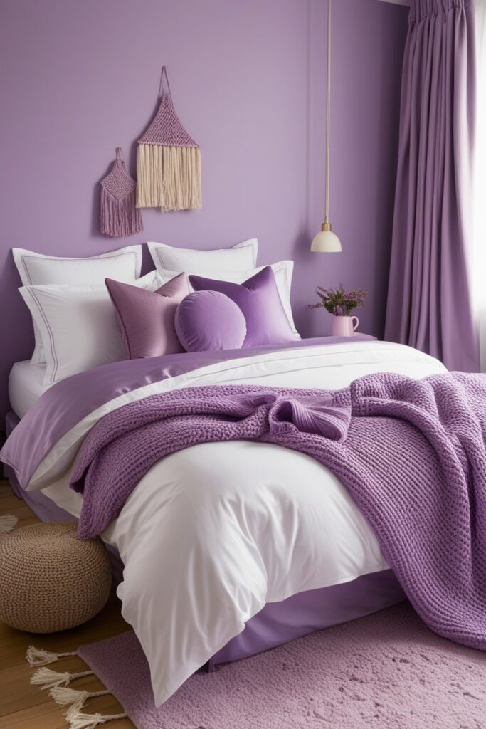 bed with purple and white layering