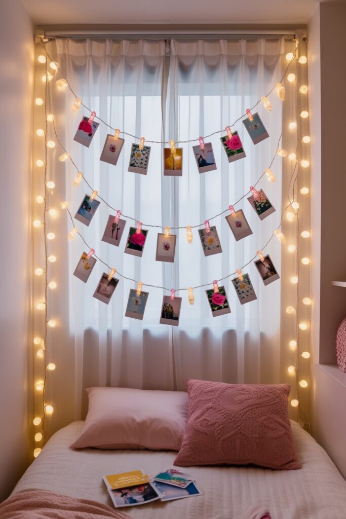 curtain string lights with Polaroids