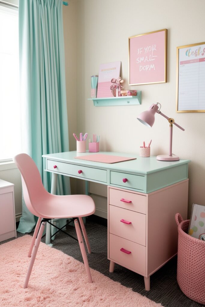desk setup with pastel accents