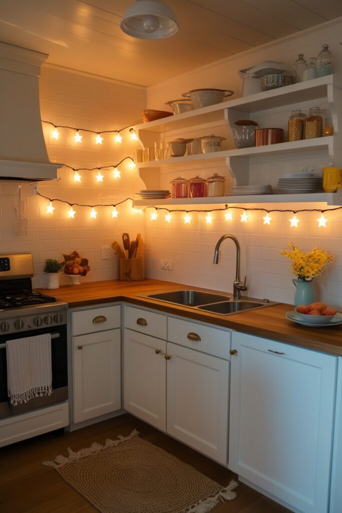 fairy lights along cabinets or shelves