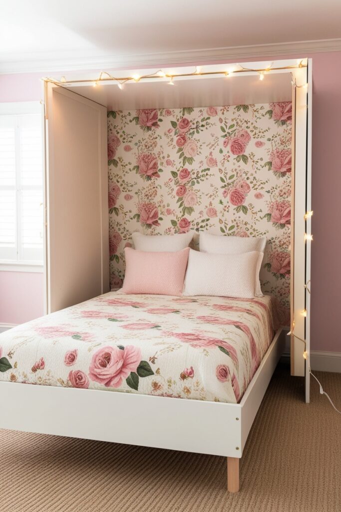 floral wallpaper behind the bed