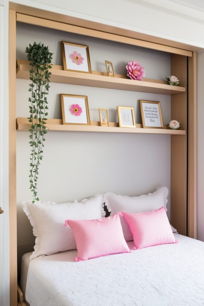 framed photo shelves instead of headboards