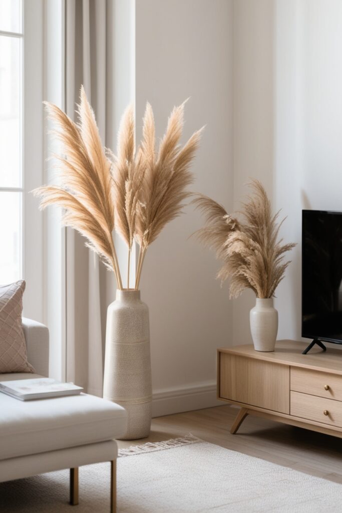 pampas grass and a neutral ceramic vase
