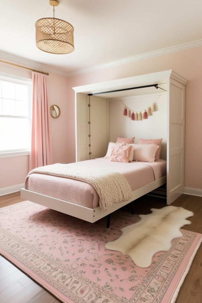 patterned area rug under the bed zone