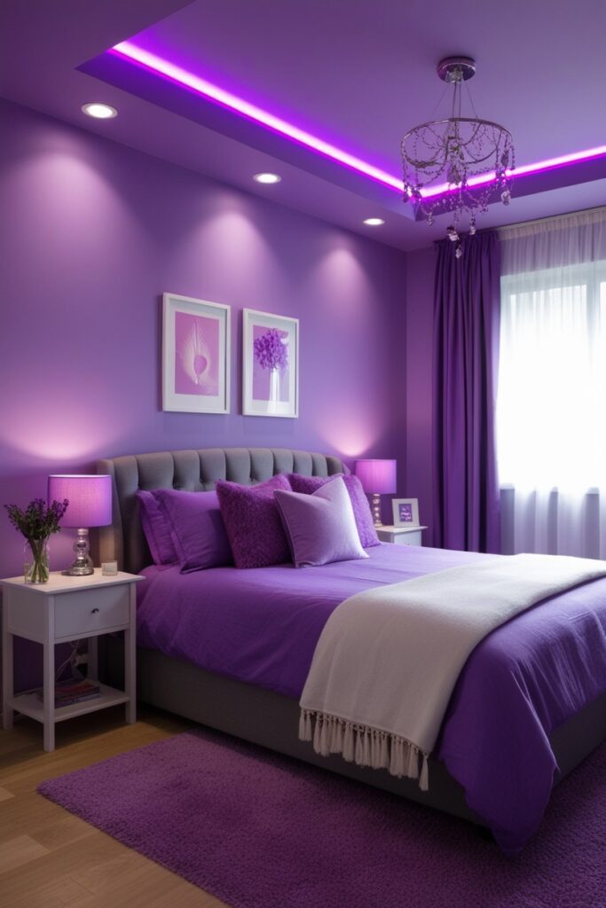purple LED strip lights around the ceiling