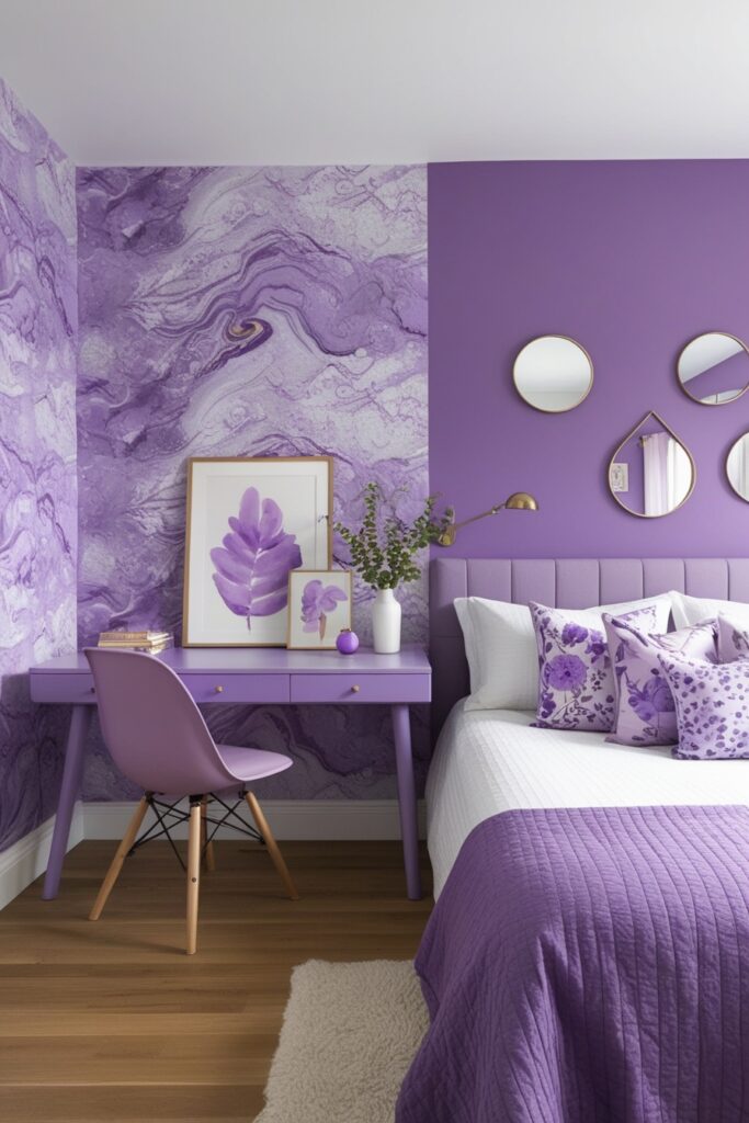 purple accent wall with wallpaper