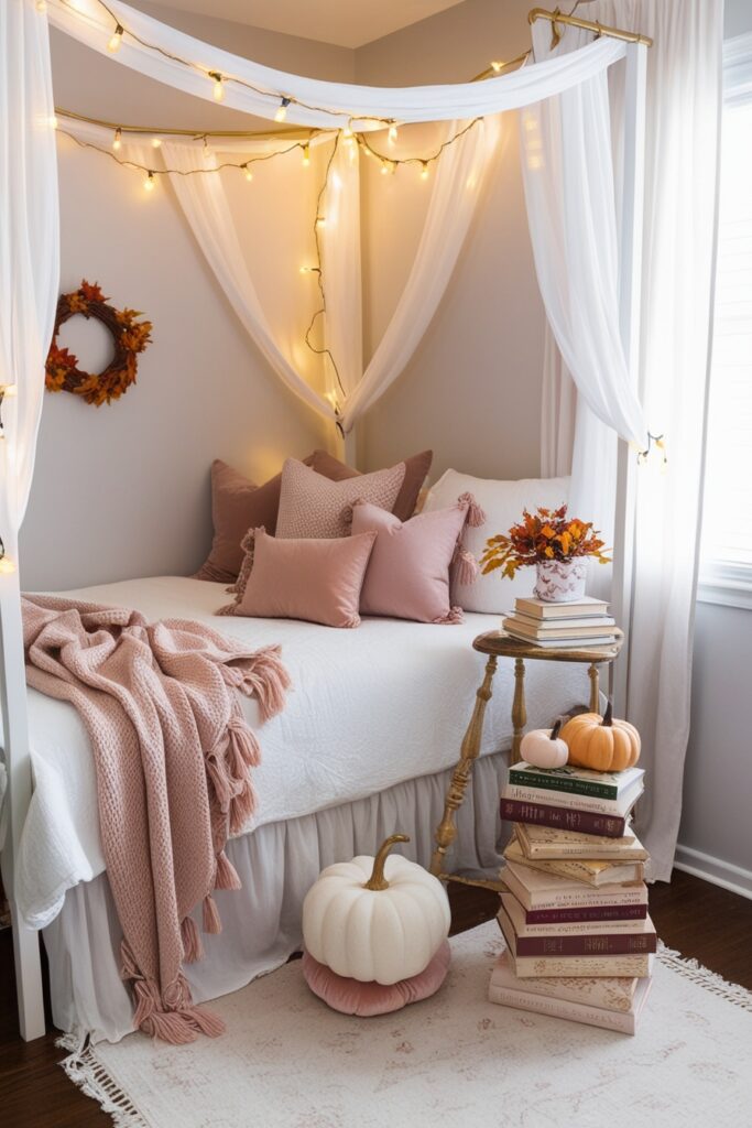 Aesthetic bedroom corner with twinkle lights draped over a white canopy bed, soft throw blankets