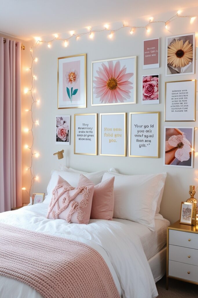 Aesthetic bedroom with a curated gallery wall pastel-toned art prints, polaroids, motivational quotes