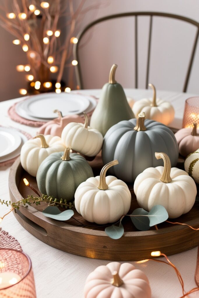 Aesthetic fall table centerpiece with white mini pumpkins, muted green gourds, eucalyptus sprig