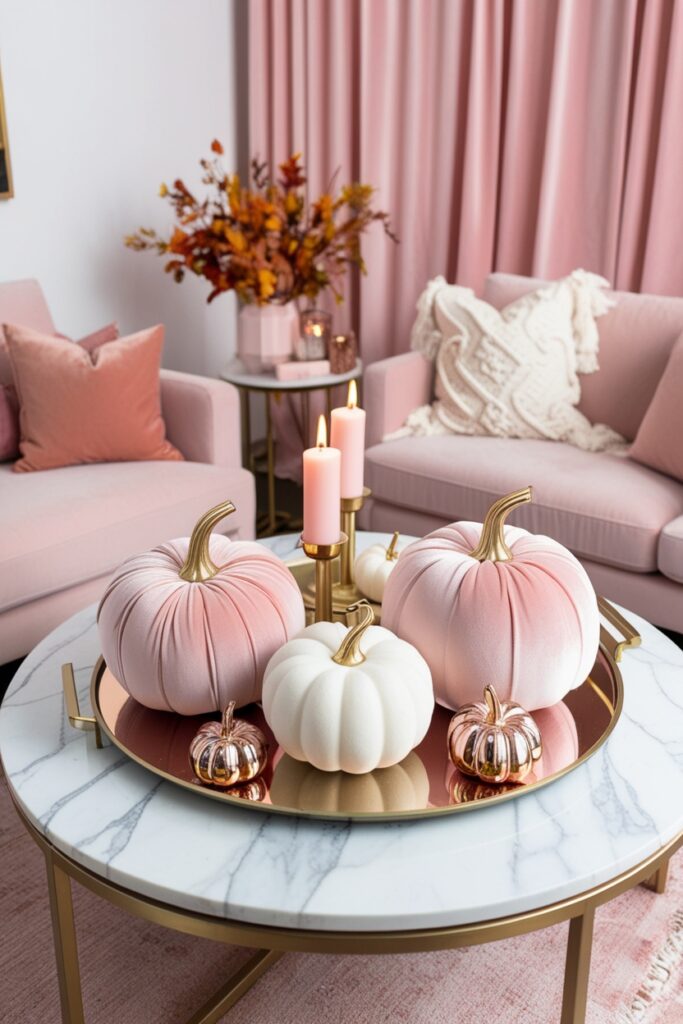 Aesthetic fall vignette featuring white and blush velvet pumpkins, gold accents, candles