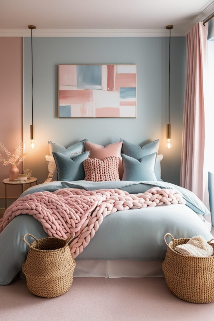 Aesthetic modern bedroom full of soft textures velvet cushions, chunky knit throws, woven baskets
