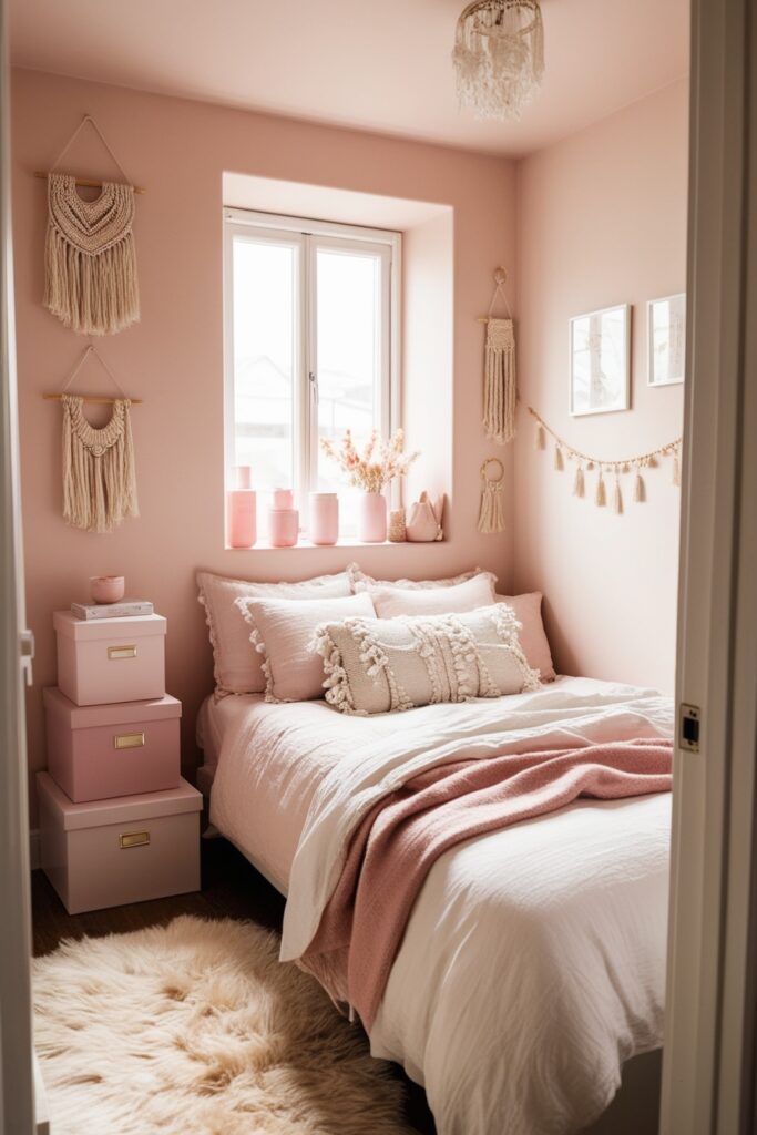 Aesthetic small bedroom with soft pink and beige tones, neatly organized, minimal decor, cozy vibe