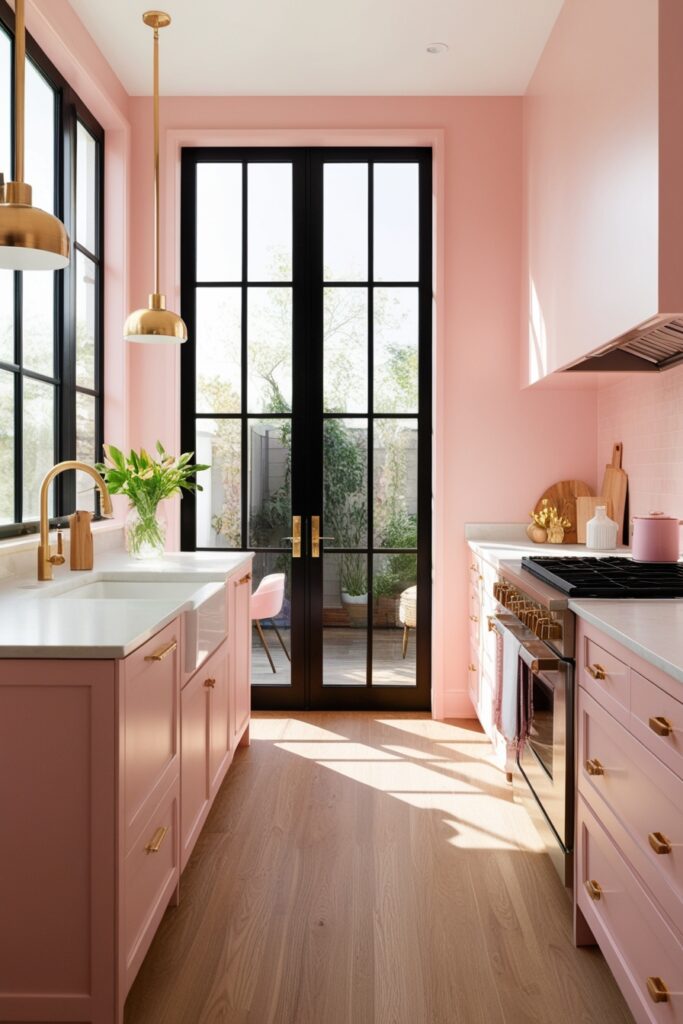 Airy kitchen with large black window frames, light pink accents, cozy wood floors, gold fixtures
