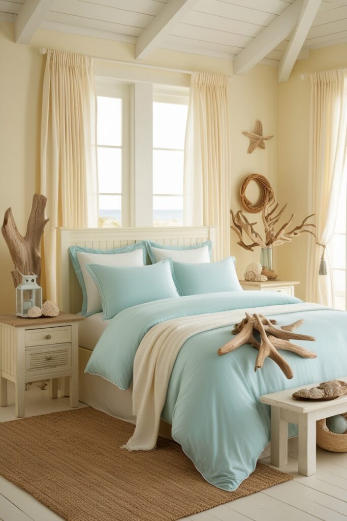 Beachy cream bedroom with pastel blue bedding, driftwood decor, cream walls, whitewashed furniture