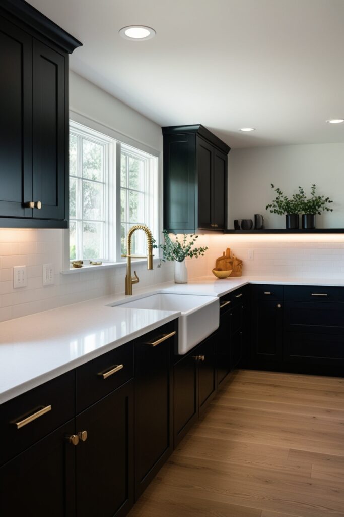 Black kitchen cabinets with crisp white quartz countertops, clean and modern layout, warm under-cabinet lighting
