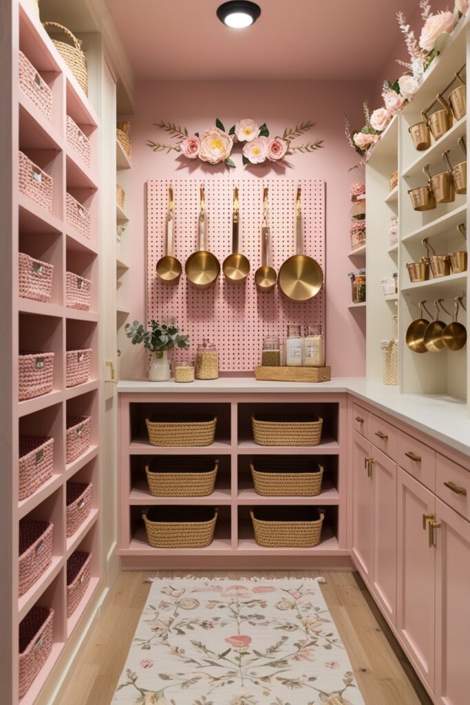 Boho-chic walk-in pantry with a blush pink pegboard wall, hanging dainty gold baskets and measuring cups