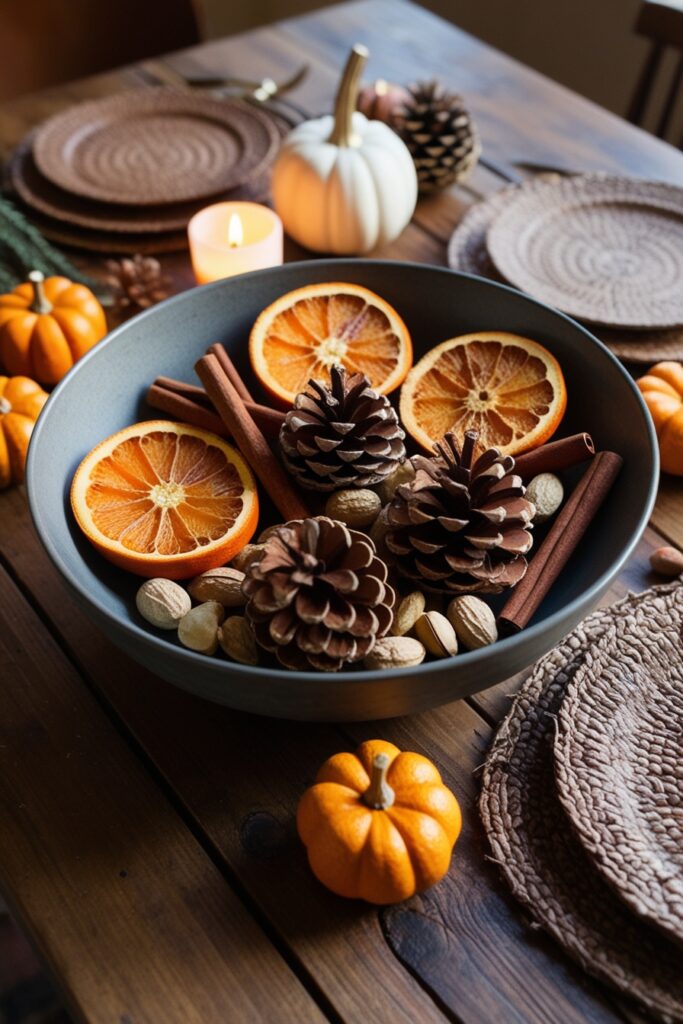 Boho fall centerpiece bowl filled with dried oranges, cinnamon sticks, pinecones, and nuts
