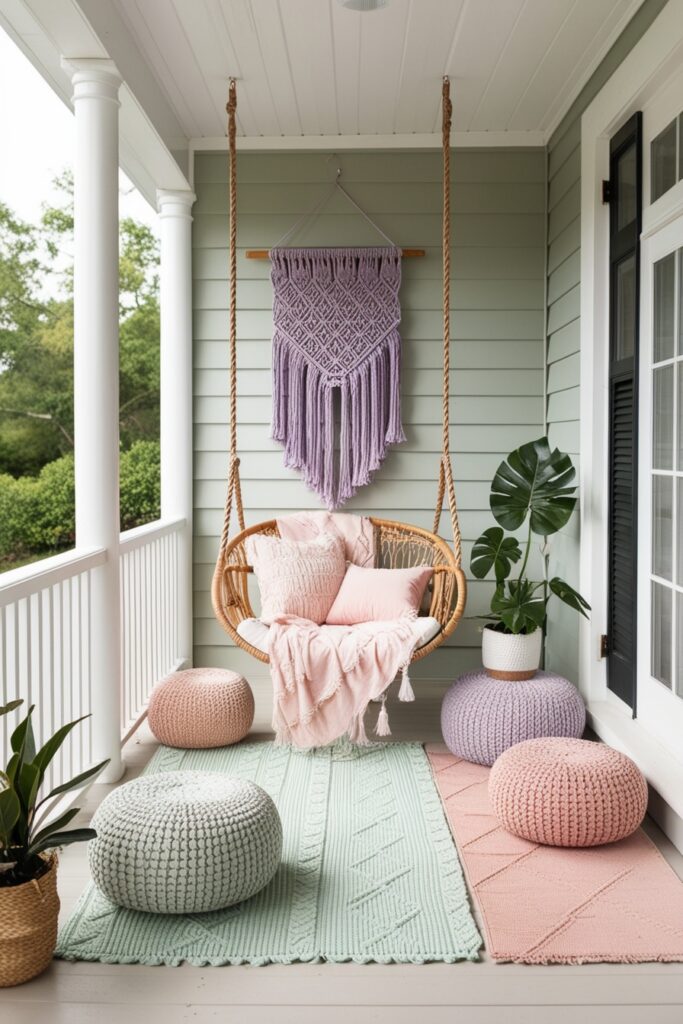 Boho-style porch with rattan swing chair, lavender macramé wall hanging, pastel-colored poufs, (2)